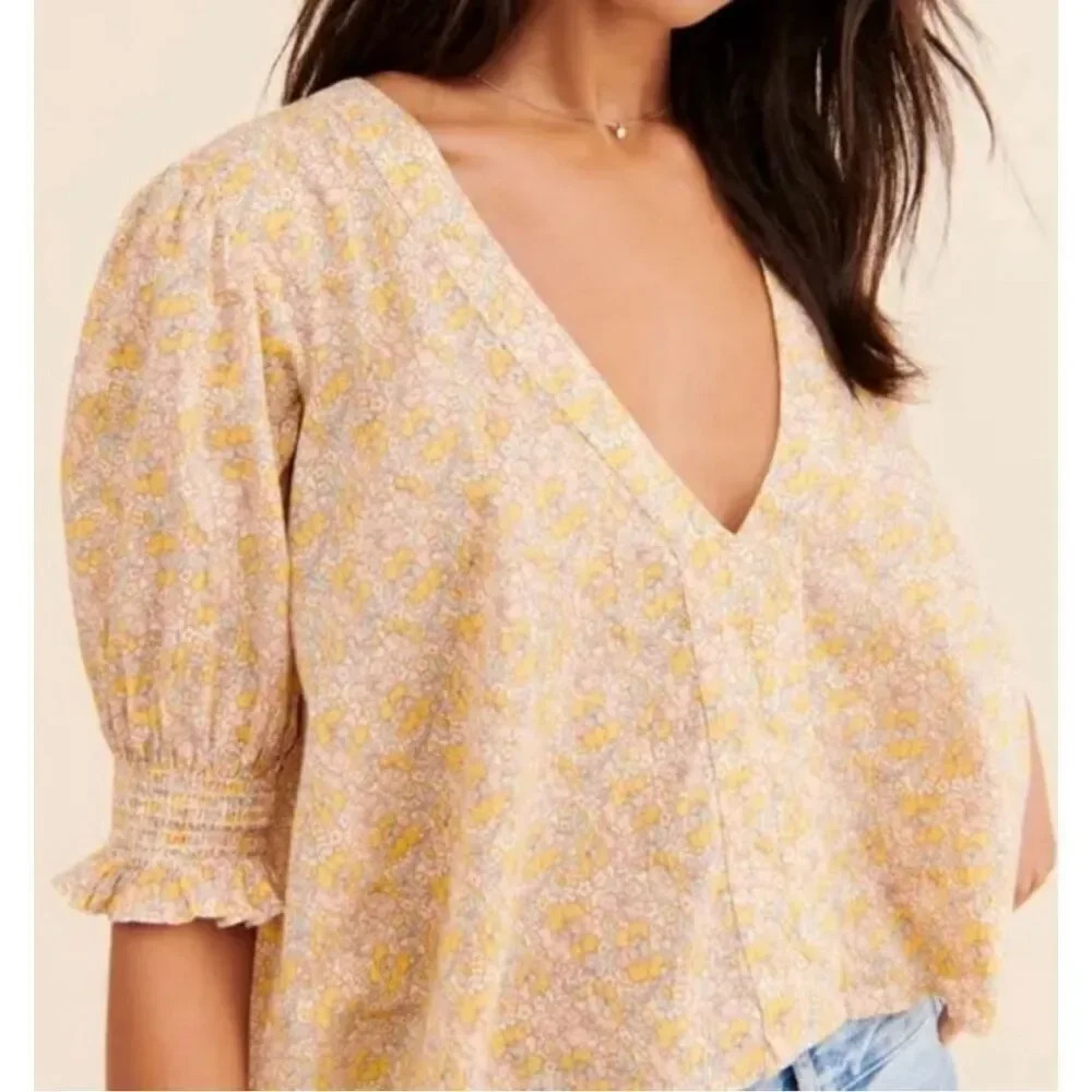 URBAN OUTFITTERS | Cottage Boho Prairie Puff Sleeve Ditsy Yellow Floral | Small